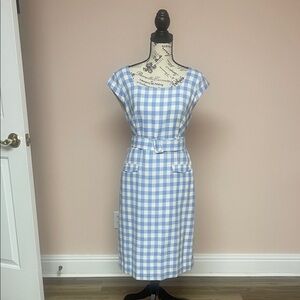 Ann Taylor Sky Blue and White Gingham Midi Dress